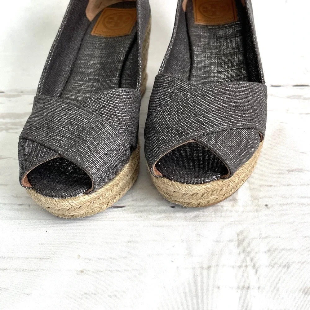 Tory Burch Filipa Shoes Women's 9.5B Pewter Espadrilles Peep Toe Wedges